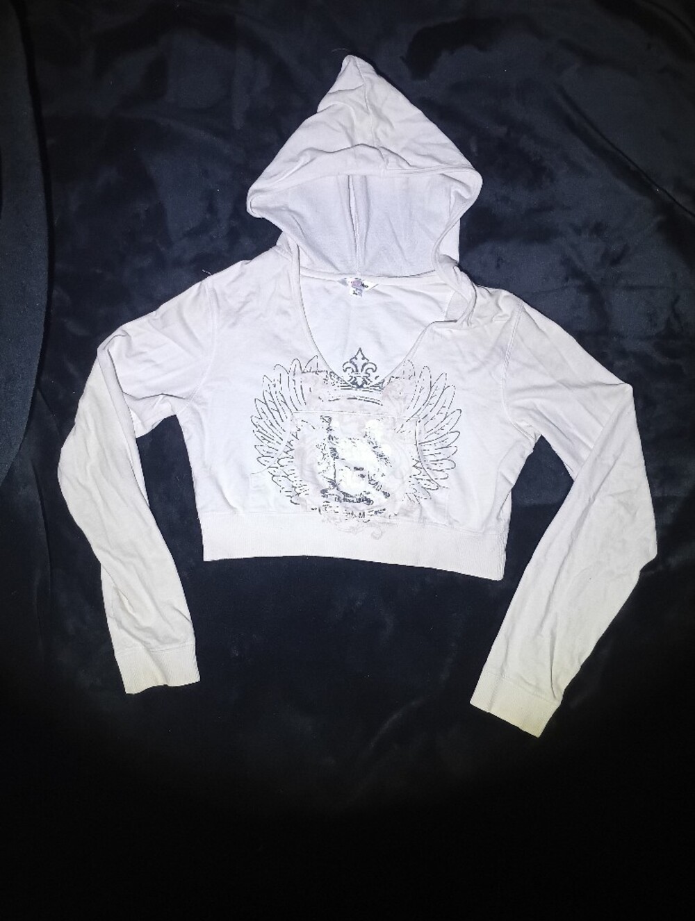 Vintage Y2K Anchor Blue White Cropped Graphic Hoodie Large